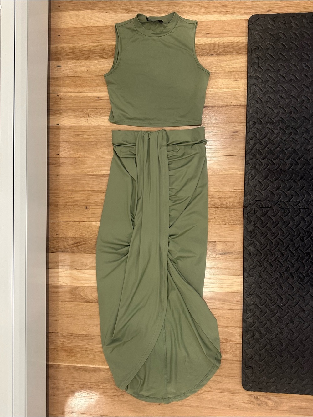 Olive Green Two-Piece Tie-Front Maxi Skirt Set